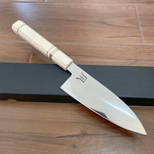 NK25B02【鏡面仕上げ】VG10号本焼出刃包丁180mm 人工象白八角柄 刃渡り180mm 刃厚5mm