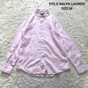 POLO RALPH LAUREN ポロラルフローレン 春夏素材 麻100% リネン BDシャツ ボタンダウン ポニー刺繍 長袖 サイズM ピンク