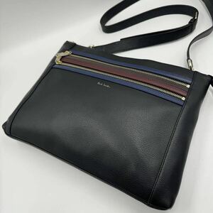 未使用級 ポールスミス Paul Smith ショルダーバッグ 2way クラッチ レザー マルチストライプ 本革 斜め掛け 黒 ビジネス メンズ A4可 通勤