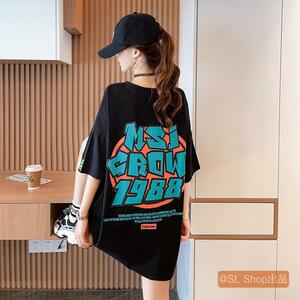 Tシャツ レディース 半袖 夏 カットソー トップス おしゃれ チュニック 英字柄 ドロップスリーブ ロング丈 ゆったり 　B104 黒 XL