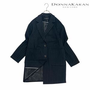 10T244☆ DONNA KARAN NEWYORK ダナキャランニューヨーク ブラック ストライプ ウール チェスターコート ロング ウールコート アウター S