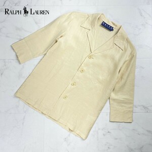 美品 RALPH LAUREN ラルフ ローレン リネン100% 開襟シャツ 七分袖 トップス レディース ベージュ サイズ9*SC1458