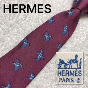 ■美品■HERMES エルメス　ネクタイ　鳥　総柄　シルク100% フランス製　ボルドー　ビジネス