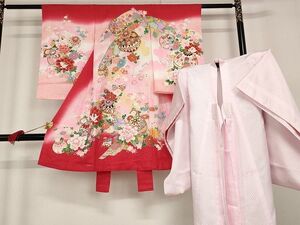 平和屋着物■七五三　女の子　３歳　祝着　三つ身　襦袢セット　駒刺繍　草花毬文　暈し染め　金彩　逸品　AAAL0888Aog