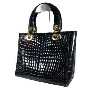 (B14)美品 GENUINE CROCODILE SKIN クロコダイル シャイニングクロコ ワニ革 本革 ハンドバッグ ゴールド金具 レザー ブラック レディース