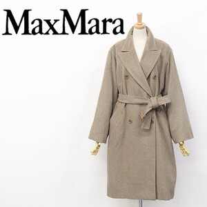 ◆MaxMara マックスマーラ シルク混 ウール ダブル ベルテッド コート ダークベージュ 42