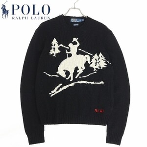 国内正規品◆POLO RALPH LAUREN ポロ ラルフローレン HAND KNIT ロデオ フロントデザイン ウール ニット セーター 黒 ブラック L