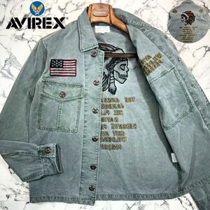 美品/A-75 (M) ●AVIREX アヴィレックス ファティーグ 上野商会 ミリタリー シャツ ジャケット グレー スカル 星条旗 ネイティブ 刺繍