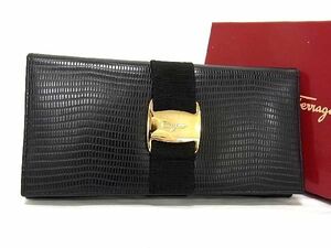 ■ベタなし■新品■未使用■ SalvatoreFerragamo フェラガモ ヴァラ リザード型押しレザー 二つ折り 長財布 ウォレット ブラック系 AU5113