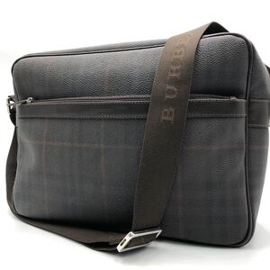 1円【極美品】Burberry バーバリー メンズ ビジネス ショルダーバッグ メッセンジャー クロスボディ ロゴ ノバチェック PVC レザー 本革