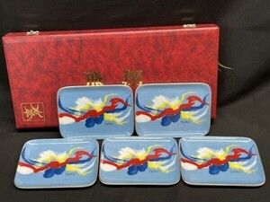 【F722】新品 未使用 ケース付き TARO OKAMOTO 岡本太郎 飛翔 絵皿 角皿 菓子皿 5客揃 陶器 食器 プレート インテリア アート 美術 b