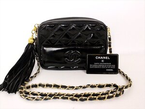 CHANEL【シャネル】エナメルレザーショルダーバッグ☆マトラッセ☆黒×ゴールド金具☆ココマーク☆フリンジ☆ミニバッグ☆レディース