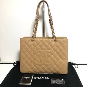 【美品】シャネル CHANEL 復刻チェーントート ココマーク ベージュ キャビアスキン ゴールド金具 レディース トートバッグ