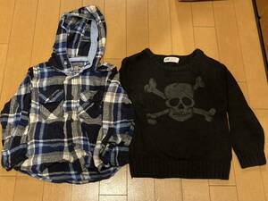 H&M 子供服　スカル　ドクロ　骸骨柄　セーター110　&フーディネルシャツ100