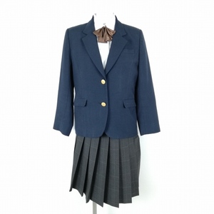 1円 ブレザー チェックスカート リボン 上下4点セット 冬物 女子 学生服 東京都立東高校 紺 制服 中古 ランクC EY8417