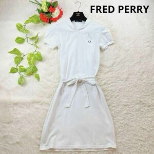 清楚♪Fred Perry フレッドペリー ポロワンピース ポロシャツワンピ 白ホワイト フリル ベルト レディース 月桂樹ロゴ 胸ロゴ M 38サイズ