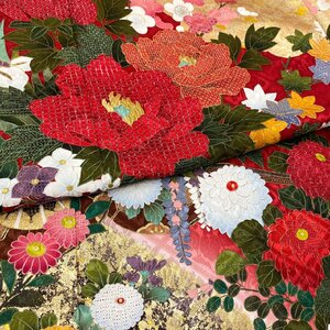 着物月花　三大総刺繍　相良刺繍　仙頭刺繍　蘇州刺繍　金彩　花車文様　鶴　振袖　正絹　金銀糸　ki1916