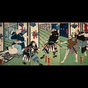 380 一勇斎国芳 義士人形 三枚続 シワ・ヨゴレ有◆生人形◆忠臣蔵◆見世物絵◆版画◆浮世絵◆真作