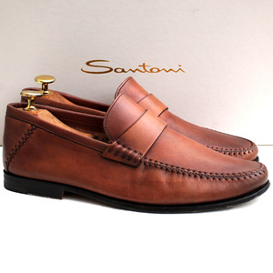 箱・保管袋付き★Santoni サントーニ★ローファー 5=24 レザースリッポン イタリア製 メンズ ブラウン gc i-643