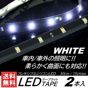 ホワイト LEDテープライト 防水仕様 30cm 15SMD カット可能 正面発光 発光色選択 ブラックベース LEDイルミネーション 2本入 デイライト