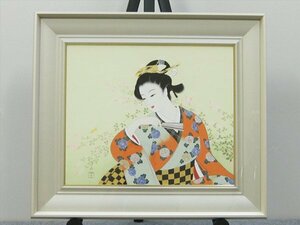 【心庵】額装　清水清泉「萩と蝶」美人画　日本画 　F8号／肉筆　タトウ付　石川県　真作　A166