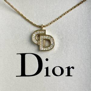 美品!! クリスチャン ディオール Christian Dior ネックレス ペンダント ラインストーン CD ロゴ ゴールド ヴィンテージ アクセサリー 刻印