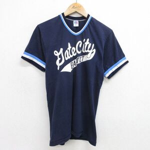 XS/古着 ラッセル 半袖 ビンテージ Tシャツ メンズ 80s Pate City 24 Vネック 紺 ネイビー 24jun19 中古