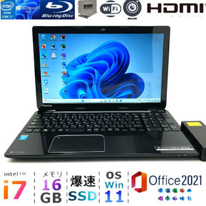 最強i7★メモリ16GB★爆速SSD★Core i7-3.40GHz★Windows11★Office2021★人気東芝ノートパソコン★ONKYO製スピーカー★Blu-ray★無料1TB