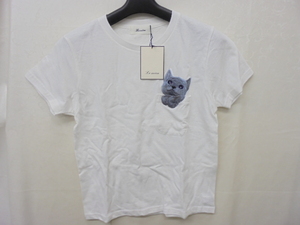 【KCM】sta-575★未使用品★【Le mien/ルミアン】 レディース　半袖Tシャツ　ポケット 猫刺繍　ホワイト　サイズ 38　綿100％