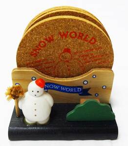 木製・コルク製、雪だるまが付いたコースター立てとコースター5枚セット、SNOW WORLD、GLORY FAMIRY