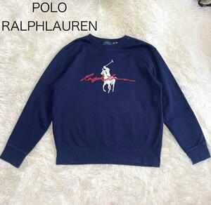 【ポロラルフローレン　POLO RALPHLAUREN】長袖　プルオーバー　トレーナー クルーネック　ネイビー ビッグポニー ロゴ 現行 S 裏起毛