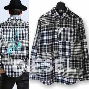 【最終価格】新品 定価2.7万 DIESEL ディーゼル S-MORRIS SHIRT バックプリント チェック柄 パッチワーク 長袖 シャツ 白黒 M