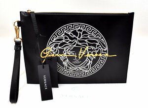 未使用品 タグ付き VERSACE ヴェルサーチ【メデューサ ロゴ レザー クラッチバッグ】ブラック×ゴールド金具