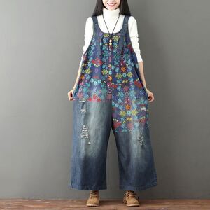 レディースデニムパンツ　デニムオーバーオール ワイドパンツ つなぎ 素敵プリント花柄