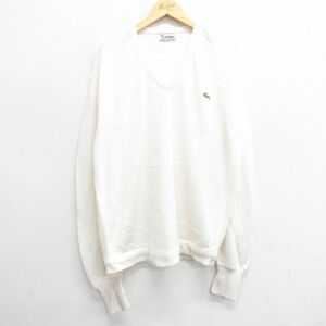 XL/古着 ラコステ LACOSTE 長袖 ブランド セーター メンズ 80s ワンポイントロゴ 大きいサイズ アクリル Vネック 白 ホワイト 23dec06