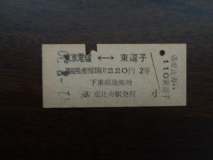 東京電環から東逗子ゆき【硬券・乗車券】東海道・横須賀線 41.8.30　220円　パンチあり