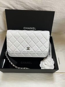 美品 CHANELシャネルWOCクラシックシルバーバックル牛革ショルダーバッグホワイト