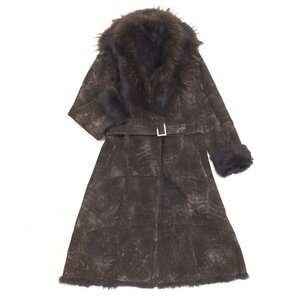 ◆Rabbit Fur Coat フォックスファートリム 本革 ラビットムートン ベルテッドコート L相当 ダークブラウン ロングコート 毛皮 レディース