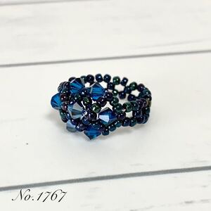 ハンドメイド＊スワロフスキークリスタル ビーズリング カプリブルーカラー ブルー 青 11~12号 リング 指輪 ビーズアクセサリー No.1767