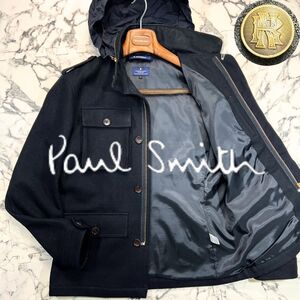 2WAY/フード収納可 (L) ●Paul Smith ポールスミス R.NEWBOLD ウール M-65 ミリタリージャケット コート ブラック 黒 エポレット 金釦 比翼