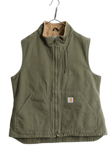 US企画 カーハート モックネック ダック ベスト レディース L 古着 CARHARTT ワーク 裏 フリース 重ね着 フルジップ 厚手 廃盤 ハイネック