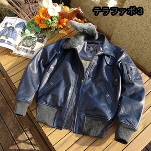 フライトジャケット 本革　メンズ ウール 襟取り外し可能 馬革　ホースハイド 革ジャン S～5XL ネイビー