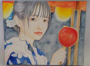 「真作」「夏祭り　りんご飴」「水井友仁」 人物画 美人画 F3サイズ　水彩画