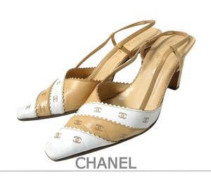 CHANEL シャネル 36.5C 約23.5㎝ ココマーク ヒールロゴ レザー チャンキーヒール スリングバック パンプス ベージュ×ホワイト