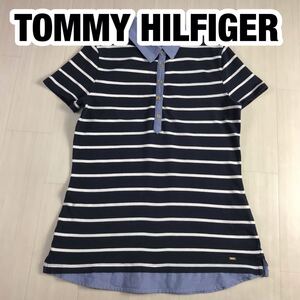 TOMMY HILFIGER トミー ヒルフィガー 半袖ポロシャツ S ボーダー 切り返し ネイビー×ホワイト デザインポロシャツ プレート 刻印ボタン