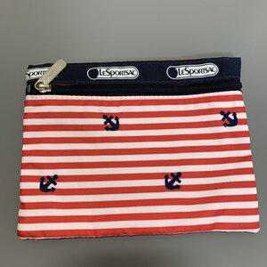 1円〜　LeSportsac　レスポートサック　ポーチ　マリン　ボーダー　ネイビー　刺繍　C2794