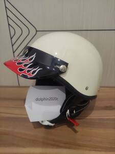 ビンテージ ハーレー 半帽 半キャップ ヘルメット レトロ ヘルメット　Aファイヤーバイザー　S~XL サイズ選択可　アイボリー　L