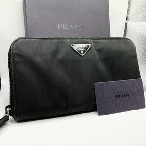 美品 PRADA プラダ 長財布 ウォレット ラウンドファスナー ラウンドジップ メンズ ビジネス 三角ロゴ レザー ナイロン ブラック 黒 