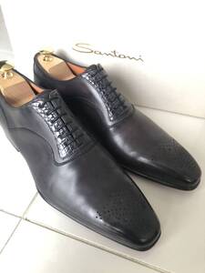 元値約19万 Santoni クロコダイル 切替コンビレザー メダリオン ドレスシューズ 6 1/2(25.0cm) ダークグレー ブラック パティーヌ 革靴 