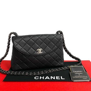 極 美品 カード シール有 4番台 CHANEL シャネル マトラッセ ココマーク キャビアスキン レザー チェーン ショルダーバッグ ブラック 26650